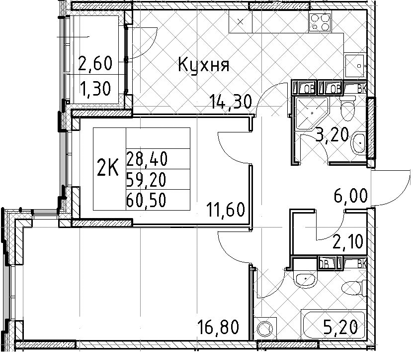2-комнатная квартира 60.5 м², 13/13 эт., ЖК «Тайм Сквер»